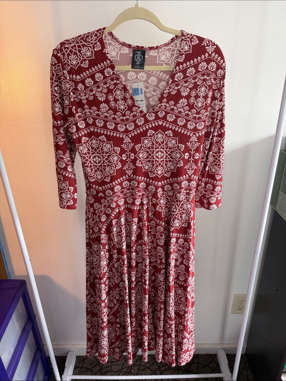 Agnes & Dora Red and White Printed V-Neck Midi Dress